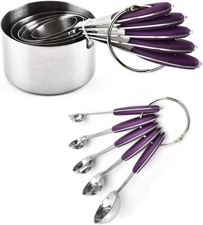 Measuring Cups and Spoons Set with Silicone Handle, Set of 10 Including Stainless Steel 5 Measuring Cups & 5 Measuring Spoons. Widely Used Cooking Baking Measurement as Kitchen Gadget.