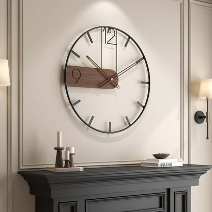 Cuspin Modern Large Wall Clock 24 Inch, Wood Metal Frame Silent Non Ticking Battery Operated Wall Clocks Decoration for Living Room, Bedroom, Kitchen, Minimalist Walnut Dial Arabic Numerals