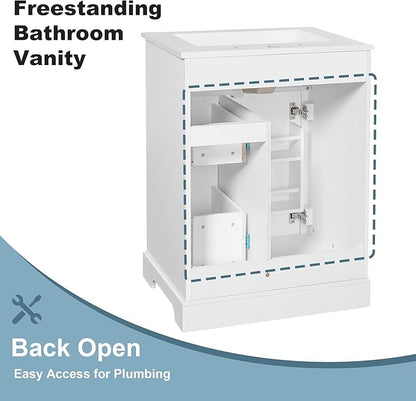 24'' Bathroom Vanity with Sink, MDF & Pinewood Construction, 3 Drawers & Cabinet with 2-Tier Door Storage Rack, Soft-Close Door & Drawers, Modern Design for Small to Medium Bathrooms, White