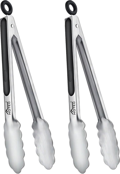 Hotec Stainless Steel Kitchen Tongs, Set of 2-9", Locking Metal Food Tongs for Cooking, Serving, BBQ, Grill Non-Slip Grip