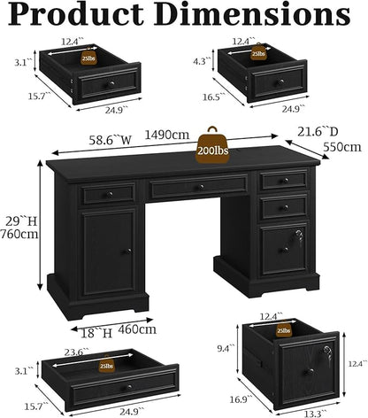 Vipbear 59" Executive Desk, Farmhouse Computer Desk with Drawers, Lockable File Drawer, Storage Cabinet & Power Outlet, Rustic Home Office Desks, Workspace for Work Study Writing, Black