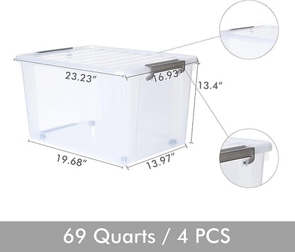 Citylife 69 QT Plastic Storage Bins with Latching Lids Stackable Storage Containers for Organizing Large Clear Storage Box for Garage, Closet, Kitchen, 4 Packs