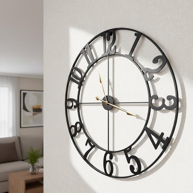 Zabiki 20 Inch Large Wall Clock Modern, Arabic Numeral Vintage Farmhouse Decorative Black Metal Wall Clock for Living Room Decor, Xmas, Birthday Gift