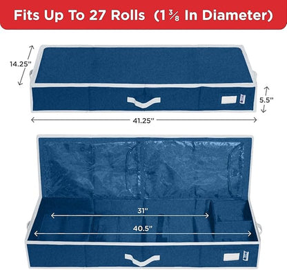 HOLDN’ STORAGE Premium Wrapping Paper Storage Container - Durable 600D Tear-Proof, Fits 27 Rolls Gift Wrap, Extra Pockets for Ribbons & Bows, Underbed Storage - Ideal for Holiday Christmas, Blue