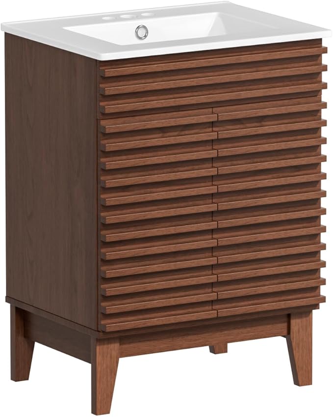 ROOMTEC 24" Walnut Modern Freestanding Bathroom Vanity Sink with Storage, 2 Levels, 2 Compartments, Undermount Ceramic Sink