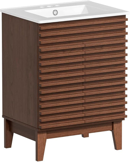 ROOMTEC 24" Walnut Modern Freestanding Bathroom Vanity Sink with Storage, 2 Levels, 2 Compartments, Undermount Ceramic Sink