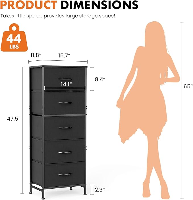 Sweetcrispy 5 Drawer Dresser with Fabric Bins Steel Frame Wood top Storage Chest for Bedroom Closet Hallway Black Compact Organizer Durable Home Storage Solution