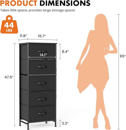 Sweetcrispy 5 Drawer Dresser with Fabric Bins Steel Frame Wood top Storage Chest for Bedroom Closet Hallway Black Compact Organizer Durable Home Storage Solution