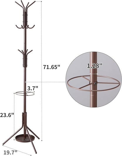 Kitsanery Coat Rack Freestanding,Metal Coat Tree with Umbrella Holder,Hat and Coat Rack Stand for Entryway, Hallway, Living Room, Bedroom (Brown)