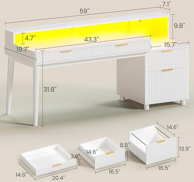 SEDETA Office Desk with 4 Storage Drawers, 59" Fluted Wood Gaming Computer Desk with LED Lights and Power Strip, Modern Writing Desk Study Table for Home Office, Living Room, Bedroom, White