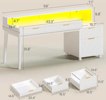 SEDETA Office Desk with 4 Storage Drawers, 59" Fluted Wood Gaming Computer Desk with LED Lights and Power Strip, Modern Writing Desk Study Table for Home Office, Living Room, Bedroom, White