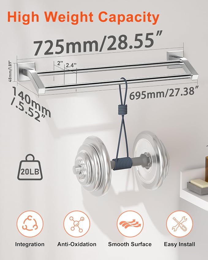 Alise Bath Double Towel Bars Towel Racks for Bathroom,28 Inch Wall Mount Towel Holder Heavy Duty SUS304 Stainless Steel Towel Hanger Towel Rail,Brushed Nickel