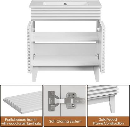 ROOMTEC 30" Bathroom Vanity with Sink, Mid-Century Freestanding Bathroom Vanity Sink with Storage, Undermount Ceramic Sink, Particleboard Frame with Wood Grain Laminate, White