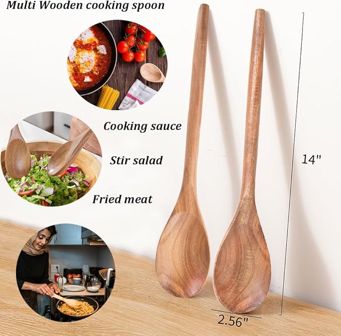 MornHalo 2PCS Acacia Wooden Spoons For Cooking-14 Inch Smooth Finish Cooking Spoons-Comfortable Grip Wood Spoons for Cooking - Non-Stick Cooking Utensils (Cooking Spoons 2pcs)