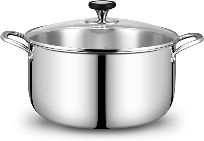 Tri-Ply Stainless Steel Stock Pot, 12 Quart Heavy Duty Induction Cooking Pot with Visible Lid for Pasta, Soup, Spaghetti, Sturdy & Double Handle, Dishwasher Safe