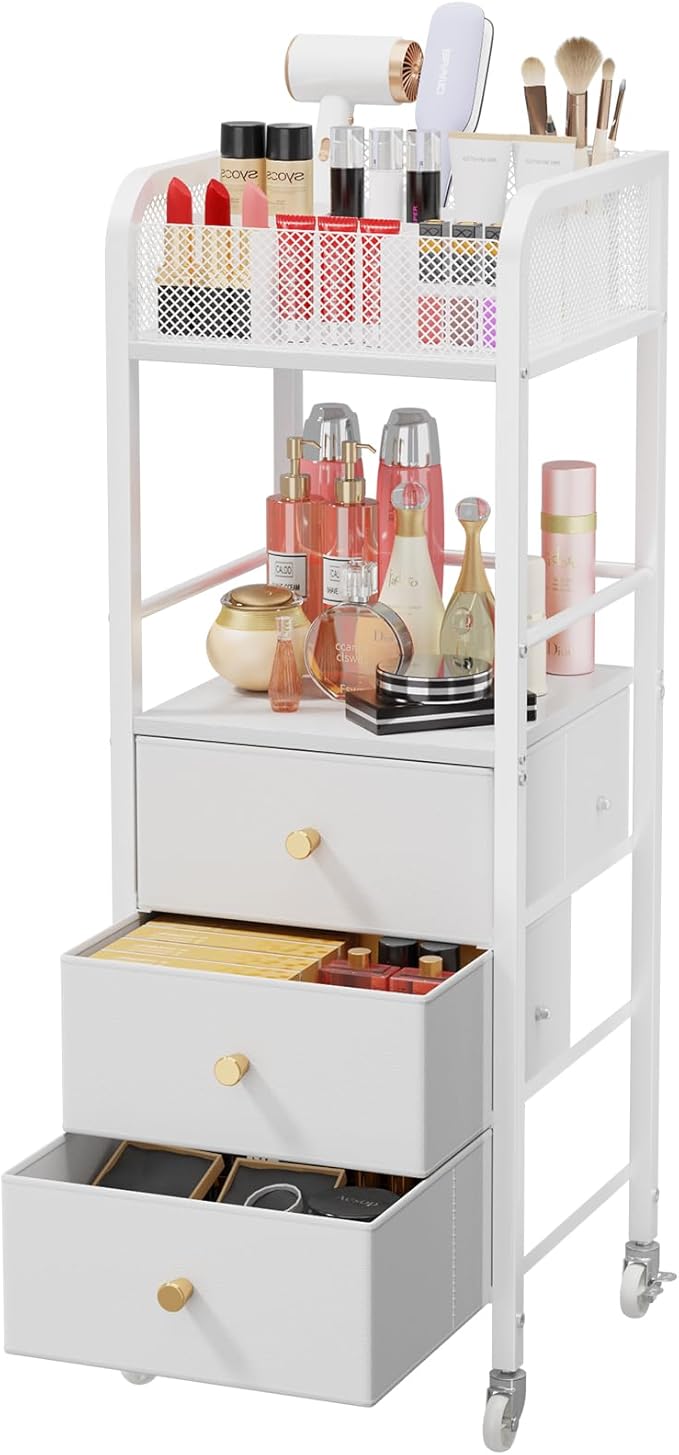 HapiRm Rolling Makeup Cart Organizer - Floor Skincare Make Up Storage with 3 Non-woven Fabric Drawers, Vanity Organizer Cosmetic Display Cases Holder for Skin Care Perfume Nail Polish Brush Hair Tool
