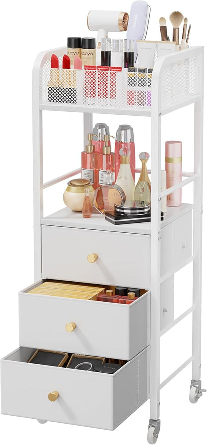 HapiRm Rolling Makeup Cart Organizer - Floor Skincare Make Up Storage with 3 Non-woven Fabric Drawers, Vanity Organizer Cosmetic Display Cases Holder for Skin Care Perfume Nail Polish Brush Hair Tool