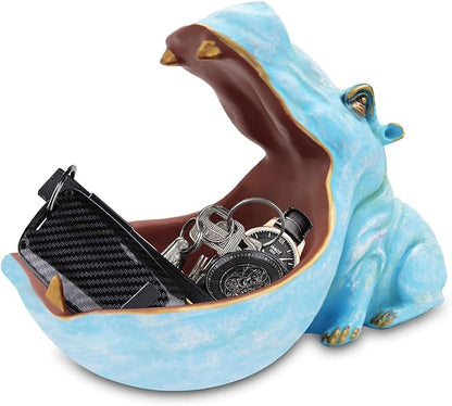 aboxoo Hippo Statue Home Resin Hippopotamus Figurine Fun Candy Dish,Key Bowl,Big Mouth Sculpture Table Art Decoration Sundries Container Storage Box (Light Blue)