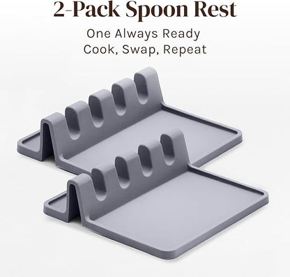 Cooler Kitchen Gray Silicone Spoon Rest for Stove Top with Drip Pad (2 Pack) - Heat Resistant BPA Free Utensil Rest & Kitchen Spoon Holder for Kitchen Counter - Grill Countertop - Spatula Holder