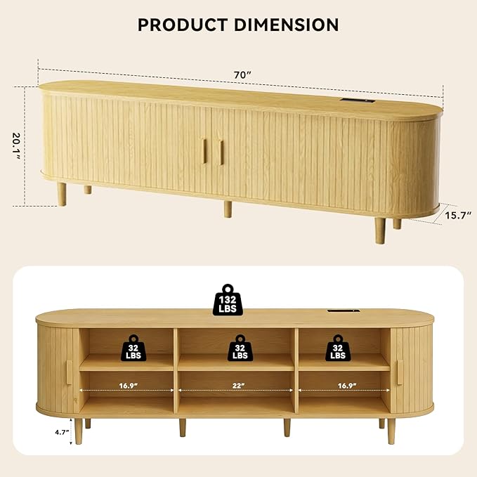 70" Mid Century Modern TV Stand with Power Outlet, Fluted Entertainment Center with Storage and Adjustable Shelves, Wood TV Console with Sliding Doors for Living Room, Oak