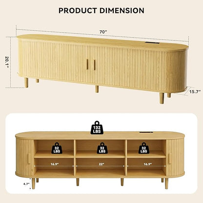 70" Mid Century Modern TV Stand with Power Outlet, Fluted Entertainment Center with Storage and Adjustable Shelves, Wood TV Console with Sliding Doors for Living Room, Oak