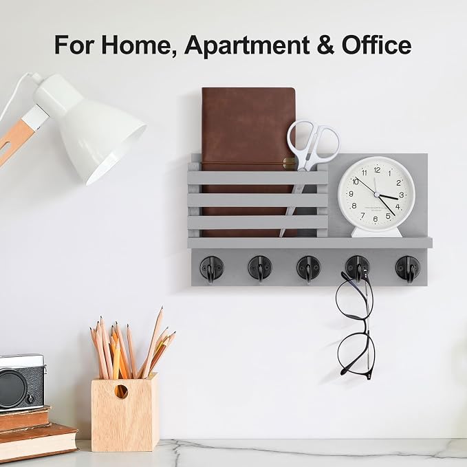 Lwenki Key Holder for Wall – Decorative Wooden Mail Holder and Key Shelf with Mounting Hardware, Installation Guide – Paulownia Wood with Metal Key Hooks (Gray, Large - 11.8inch)