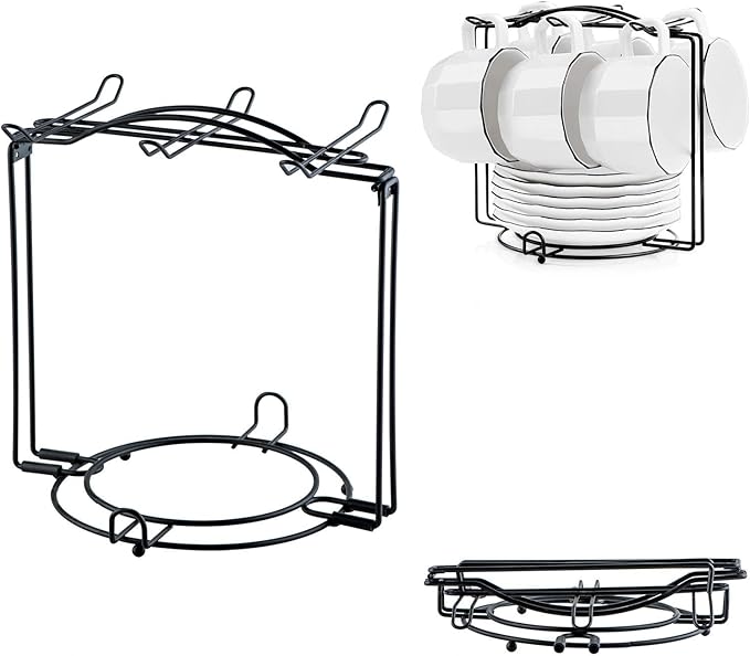 YOLIFE Tea Cup Holder for Countertop, Metal Cup and Saucer Display Stand, Foldable Tea Station Organizer, Espresso Coffee Cups Rack for Home or Bar Decor