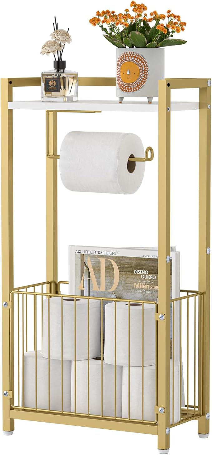 Freestanding Toilet Paper Holder with Storage Shelf – Bathroom Tissue Stand with Space for Phone, Rolls, and Magazines – All-in-One Toilet Roll Dispenser and Organizer (Gold)