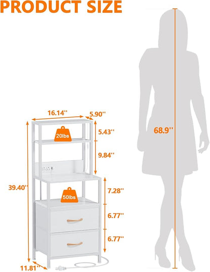 Furnulem Night Stand, Tall White Nightstand with 4-Tier Shelves, 2 PU Fabric Drawers and Led Lights, Bed Side Tables with Charging Station, Bedside Table for Bedroom