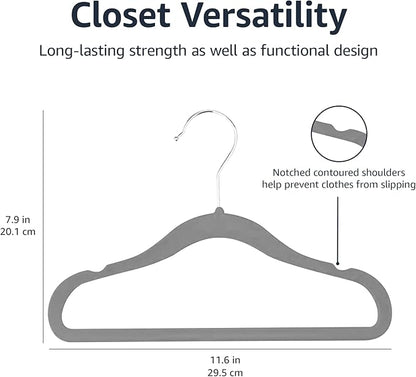 Amazon Basics Kids Velvet, Non-Slip Clothes Hangers for Infant and Toddler, 11.6 inches (for baby clothes), Pack of 50, Gray