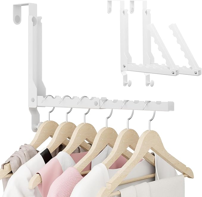 BAKON Over The Door Hangers, Over Door Hooks for Hanging, Small Space Dual Folding Portable Over Door Clothes Hanger for Clothes, Hats, Bags and Towels (2Pack,White(Update))