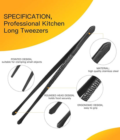 Cooking Tweezers, 5 Piece Chef's Tweezers Tongs, Chef's Plating Tool, 10 inch and 6.5 inch Food tweezers, Universal for all kinds of cooking, steak, plating, pasta and many other scenarios (5pc Set)