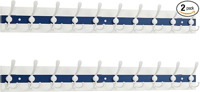 SKOLOO Coastal Coat Rack Wall Mount-38-1/8 Beach House Entryway Wooden Coat Hook with 10 Hooks for Hanging Coats, Hats or Towels, Oceanfront Cottage Core Collection, White & Blue, Pack of 2
