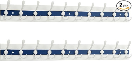 SKOLOO Coastal Coat Rack Wall Mount-38-1/8 Beach House Entryway Wooden Coat Hook with 10 Hooks for Hanging Coats, Hats or Towels, Oceanfront Cottage Core Collection, White & Blue, Pack of 2
