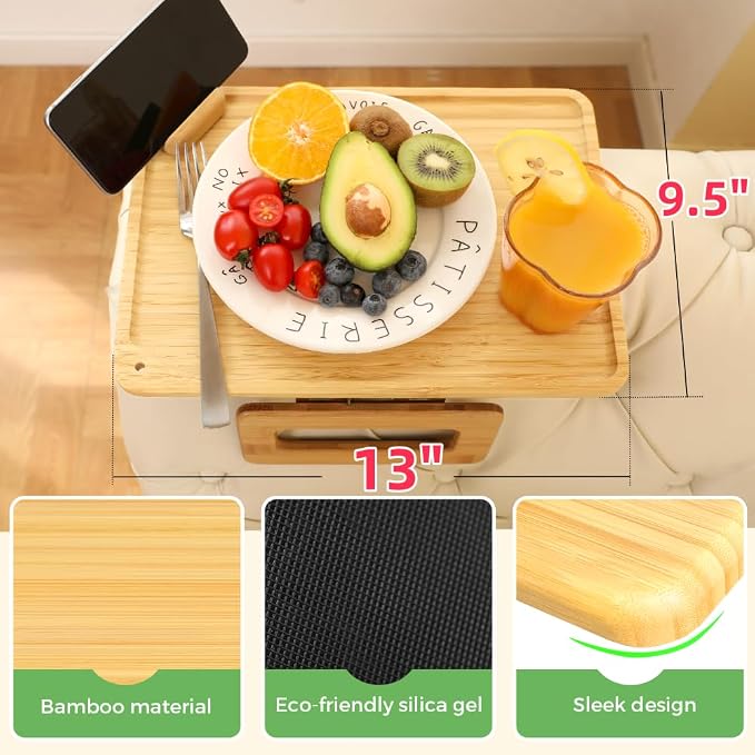 Smatdecis Couch Arm Tray Table Sofa Arm Clip, Armrest Tray Table Suitable for Home Drinks/Fast Food/Fruit Etc, Large Size Multi-Function Natural(360° Rotating Stand B)