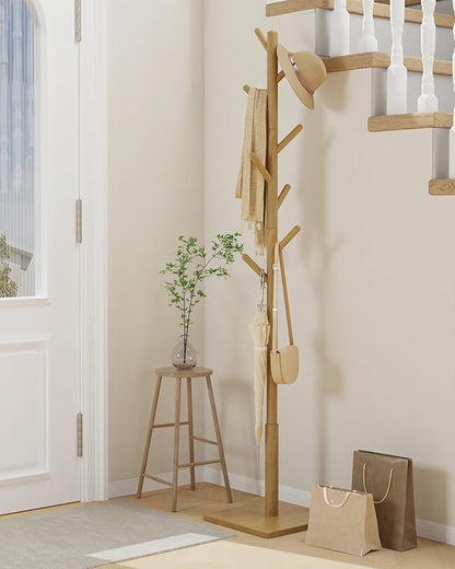 Yawinhe Coat Rack, Sturdy Wooden Coat Tree with 8 Hooks, 3 Adjustable Height for Bedroom, Hallway, Entrance, Office, 11.8 x 70.8 inches, Natural, 1-Pack, Square Base