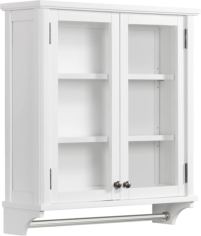 Dorset 27 in. W x 29 in. H Wall Mounted Bathroom Storage Cabinet with Organizing Shelves, Mirror, Towel Rod, and Tempered Glass Doors -Generous Space for Toiletries, Towels, and Supplies-White Finish