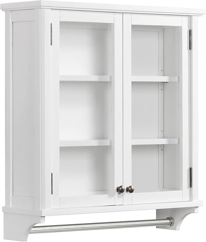 Dorset 27 in. W x 29 in. H Wall Mounted Bathroom Storage Cabinet with Organizing Shelves, Mirror, Towel Rod, and Tempered Glass Doors -Generous Space for Toiletries, Towels, and Supplies-White Finish