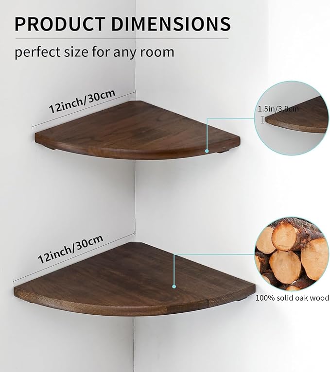 Conamily Corner Shelves, Floating Corner Shelf, Set of 2 12inch Solid Oak Wood Corner Wall Shelves, Round End with Wire Hole for Small Plant for Bedroom Kitchen, Living Room