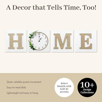 Young's Inc Wood Block Home Wall Clock and Sign, Wall Art for Living Room Decor, Farmhouse, Wall Decor, Battery Operated Clock, Set of 4
