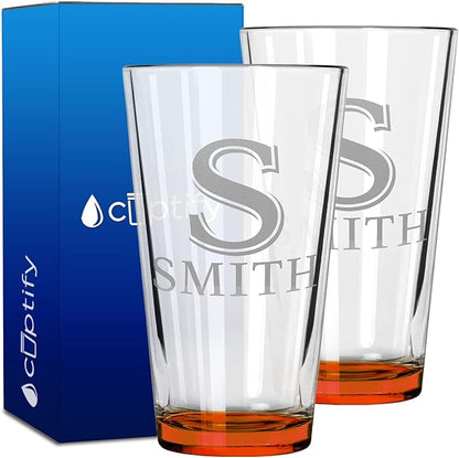 Personalized Beer Glasses Set of 2 Engraved Orange 16oz Pint Glasses for Men & Women, Custom Drinking Gift for Birthdays, Weddings, Father’s Day & More