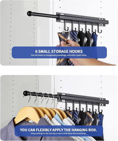 16.5" Valet Rod for Closet Pull Out With 6 Hooks Valet Rods for Closets (2Pack Black) Closet Valet Rod Slide Out