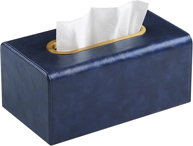Rectangle Tissue Box Cover for 120-160 Count Box of Tissues, Luxury PU Leather Tissue Holder with Magnetic Closure (Dark Blue)