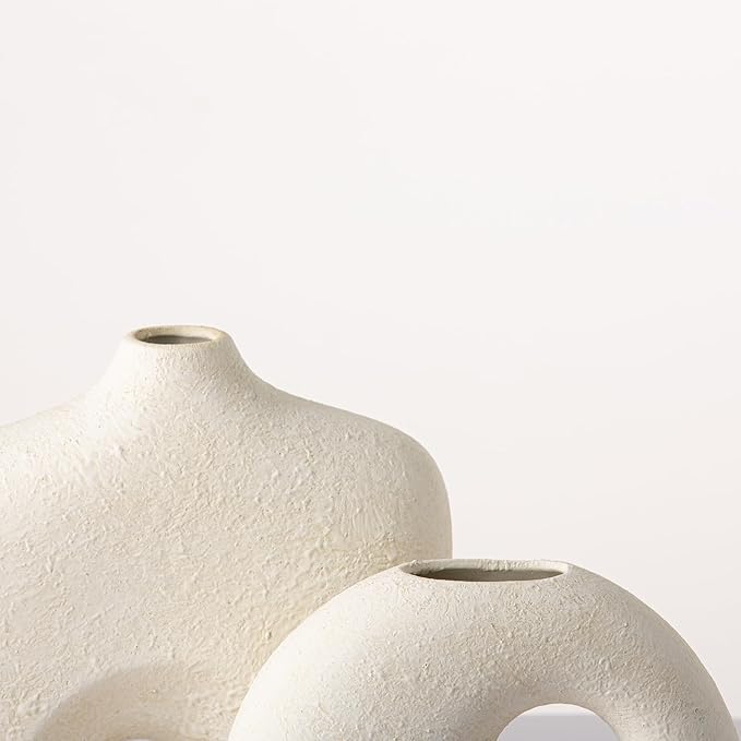 Dobbyby Ceramic Vase Set of 2, Modern Donut Vases for Minimalist Nordic Home Decor, Waterproof Round Vase, Decorative Centerpiece Vases for Living Room, Entryway, Table Decor (02-Rustic Cream)