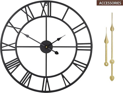 Large Modern Metal Wall Clocks Rustic Round Nearly Silent Little Ticking Battery Operated Roman Numerals Clock for Living Room/Bedroom/Kitchen Wall Decor-(Black, 47cm)