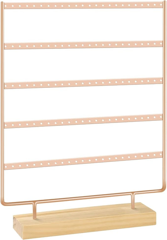 Earring Holder Organizer, 5-Tier Earring Organizer with 60-Pair Capacity, Wooden Base Metal Earring Display, Jewelry Storage & Display for Home Store, Suitable for Women