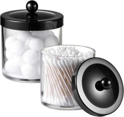 SheeChung 2-Pack Plastic Apothecary Jars with Black Metal Lids-Clear Acrylic Qtip Holder Set-Shatterproof Bathroom Vanity Organizer for Cotton Balls, Swabs, Pads-Modern Farmhouse Chic Decor