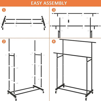 Calmootey Double Rod Clothing Garment Rack,Rolling Hanging Clothes Rack,Portable Clothes Organizer for Bedroom,Living Room,Clothing Store,Black