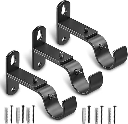 Adjustable Curtain Rod Brackets, Metal Window Drapery Rod Hanger Holders Hooks for 1 inch Rods (Black, Set of 3)