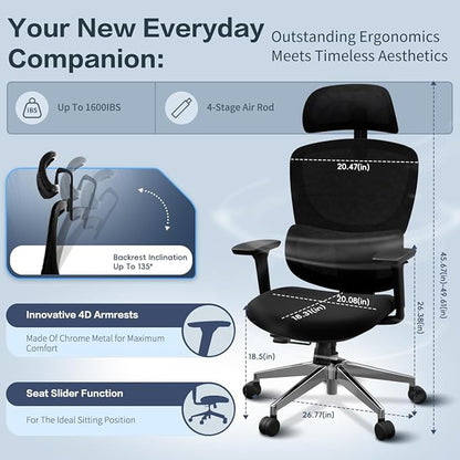 Ergonomic Office Chair Heavy Duty 1600lbs, High Back Desk Chair with 4D Armrests, Dual Back Support, Big & Tall Computer Chair, Sliding Seat, Adjustable Headrest & Lumbar, 135° Reclining (Black)